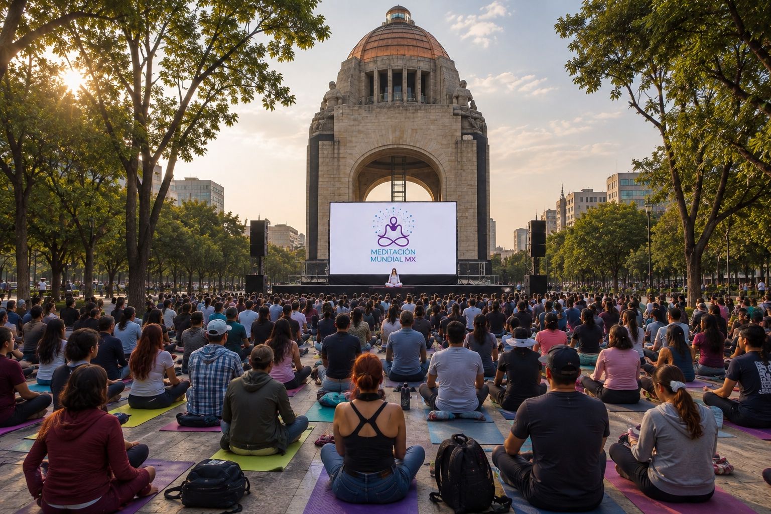 Meditación colectiva frente al Monumento a la Revolución al atardecer