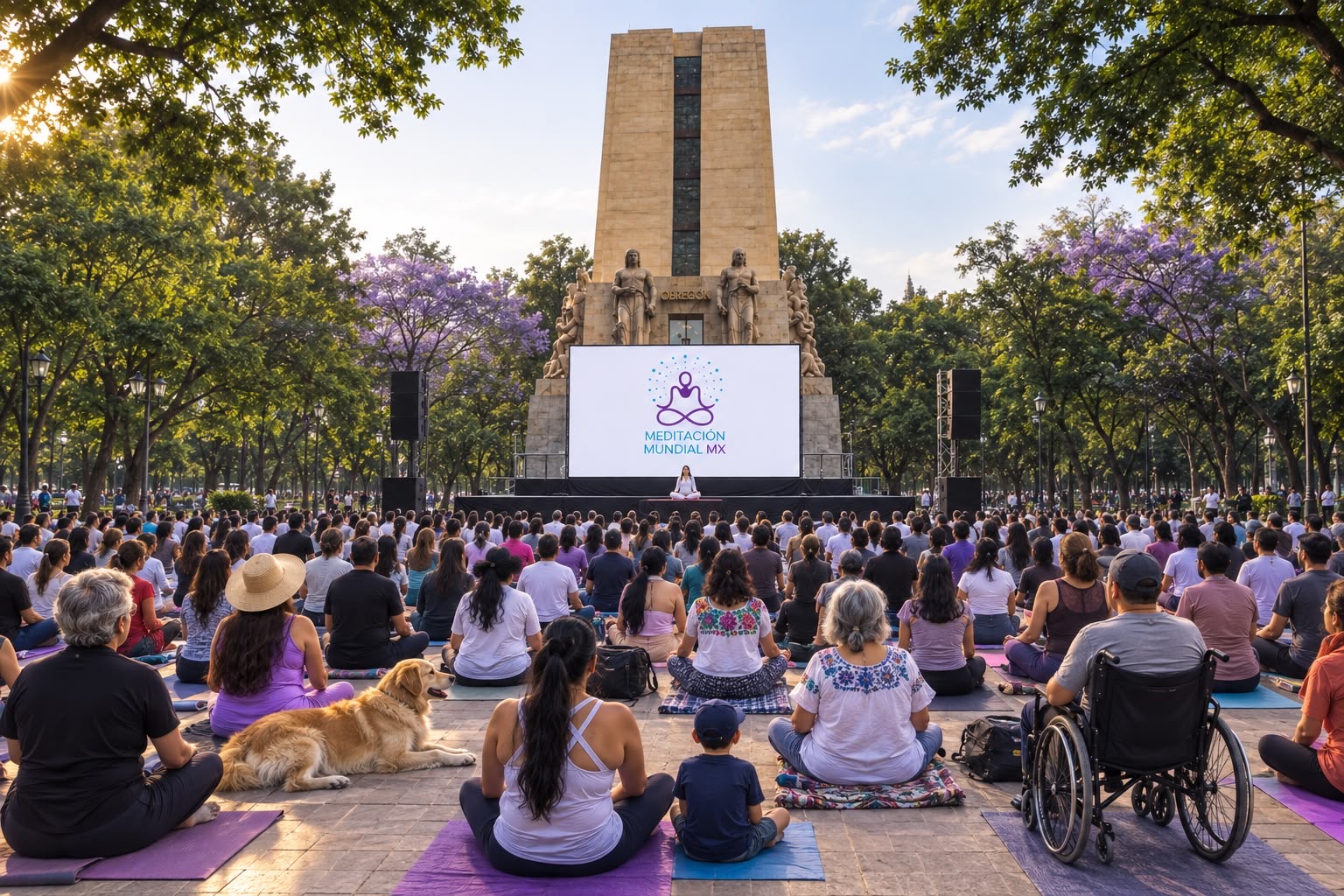 Meditación colectiva frente al Monumento a Álvaro Obregón, en el Parque La Bombilla